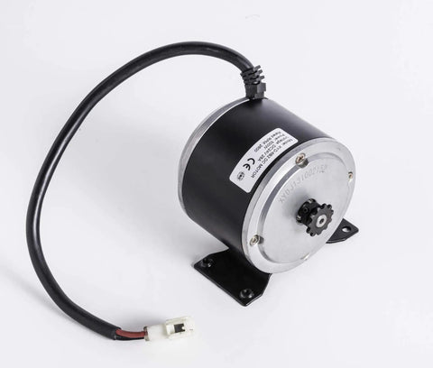 24 Volt 500W XYD-6B2 Electric Motor For Razor Crazy Cart Upgrade And Go Kart Builds, shown with wires and mounting bracket