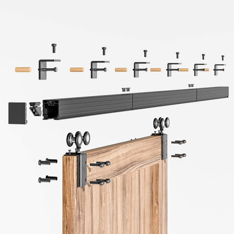 Exploded view of 8Ft Box Rail Sliding Barn Door Hardware Kit Wall Mount Track System Built Tough Steel With Black Powder Coating