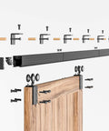 Exploded view of 6Ft Box Rail Sliding Barn Door Hardware Kit for Wall Mount Track System Heavy Duty Quiet Operation Easy Install Black Steel