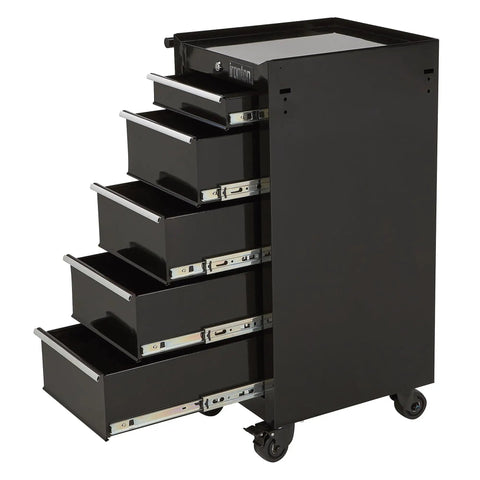 Side view of 5 Drawer Rolling Tool Cabinet 17 Inch 75 Pound Capacity Welded Steel Construction With Rust Resistant Powder Coat Heavy Duty Garage Organizer With Smooth Glide Wheels For Tools And Hardware
