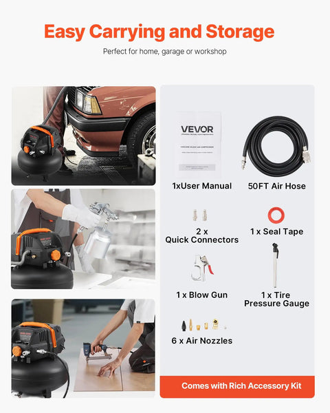 6 Gallon Pancake Air Compressor With 1.7HP Oil Free Motor 2.3CFM At 90 PSI And 1.94CFM At 120 PSI 150 PSI Max Portable accessory kit