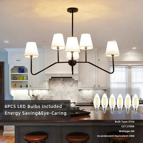 Awesome 39 Inch Matte Black Six Light Kitchen Island Chandelier With Fabric Shade That Brings Soft Warm Glow in kitchen