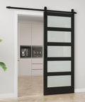 Tempered Frosted Glass Barn Door With Full Sliding Hardware Kit And Handle Solid Core Wood Build Delivers Serious Privacy Easy Diy Assembly Black Finish 36 Inch By 84 Inch installed in home
