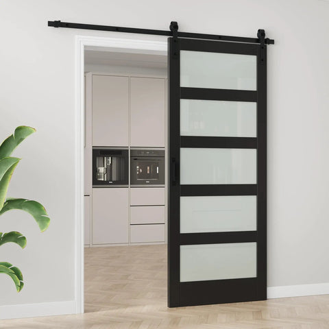 Tempered Frosted Glass Barn Door With Full Sliding Hardware Kit And Handle Solid Core Wood Build Delivers Serious Privacy Easy Diy Assembly Black Finish 36 Inch By 84 Inch installed in home