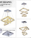 Dope Modern Crystal Chandelier LED Ceiling Light With Square Three Ring Design Height Adjustable 47W K9 Crystals