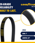 Tough 69 Inch Serpentine Belt 7 Rib Black For Acura TSX 2004 Through 2008 Honda CRV 2007 Through 2009 Nissan NP300 2018 Through 2024 And Nissan Cabstar 2012 EPDM Rubber With Balanced Twist Polyester Cord For Everyday Durability, 7-rib 69-inch Goodyear belt