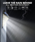 100 LED Solar Outdoor Lights with adjustable modes showing IP65 waterproof feature in rain for front door yard garage deck