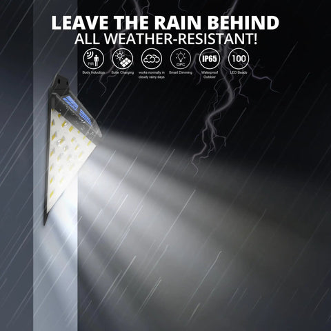100 LED Solar Outdoor Lights with adjustable modes showing IP65 waterproof feature in rain for front door yard garage deck