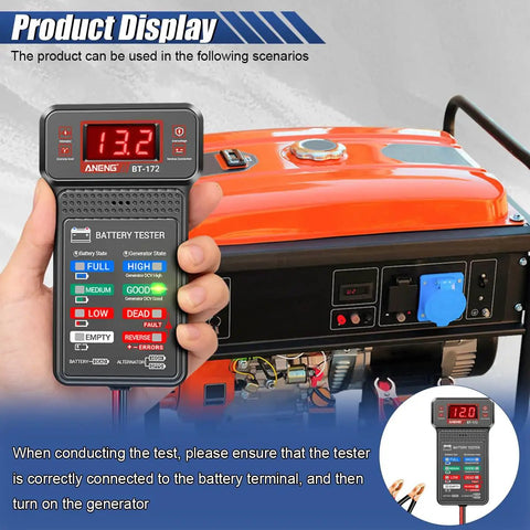 12V Car Battery Tester and Alternator Charging System Analyzer With Real Time Voltage Battery Health Check And DIY Friendly Electrical Diagnostic Tool For Quick Easy Vehicle Power Troubleshooting on generator