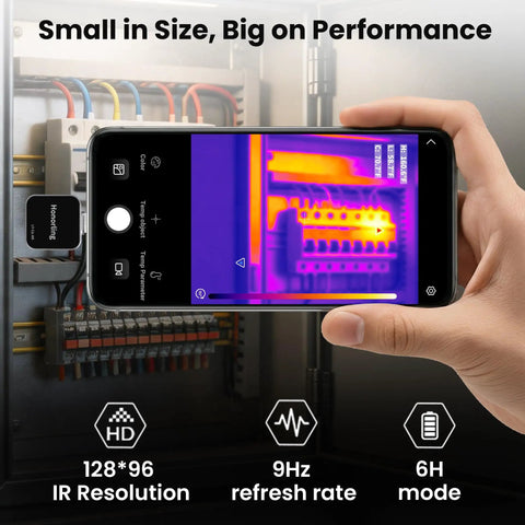Thermal Camera 128x96 IR Imager For Leak Detection On USB C Android Phones Plug In OTG Ready No Battery Or Drivers Needed Ideal For Electricians HVAC Pros DIYers And Homeowners Seeking Quick Heat Signatures. USB-C thermal camera on Android showing electrical panel heat map