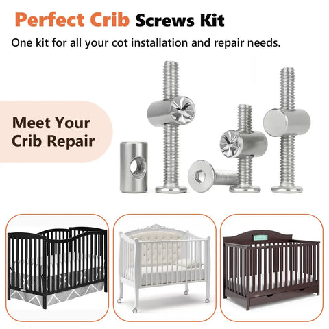 Heavy Duty 58pc M6 Crib Screws Hardware Kit Zinc Plated Bolts Nuts Set showing bolts and barrel nuts for crib repair.