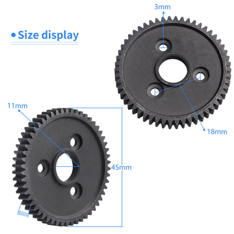 Beefed Up Metal Spur Gear Set 54T 32P size display with measurements for Traxxas RC cars