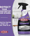 Granite And Stone Sealer Spray Protects Kitchen Countertops Sinks Showers Vanities And Floors From Stains For Granite Quartz Marble Tile Limestone Slate Water Based 24 Ounce shown in a purple bottle with trigger spray in a kitchen setting.