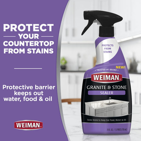 Granite And Stone Sealer Spray Protects Kitchen Countertops Sinks Showers Vanities And Floors From Stains For Granite Quartz Marble Tile Limestone Slate Water Based 24 Ounce shown in a purple bottle with trigger spray in a kitchen setting.