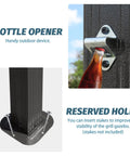 Close-up of bottle opener and reserved holes on 8x5Ft Hardtop Grill Gazebo With Double Galvanized Steel Roof, Two Side Shelves And Ceiling Hooks, Outdoor BBQ Canopy For Patio, Garden And Backyard, Grilling Ready Gray.