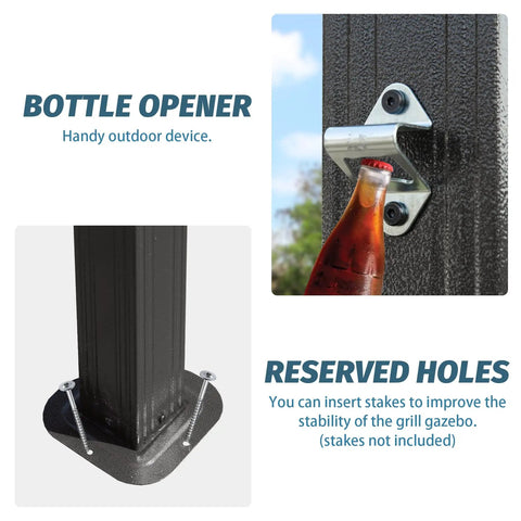 Close-up of bottle opener and reserved holes on 8x5Ft Hardtop Grill Gazebo With Double Galvanized Steel Roof, Two Side Shelves And Ceiling Hooks, Outdoor BBQ Canopy For Patio, Garden And Backyard, Grilling Ready Gray.