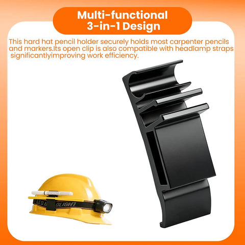 4 Pack Hard Hat Pencil Holder Clip 3 In 1 Universal Accessory for carpenters, with hard hat and headlamp illustration
