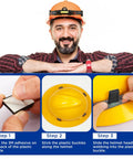 Man demonstrating Hard Hat Headlamp Clips 20 Pack with 3M Adhesive, step-by-step installation on helmet with anti-slip holders.