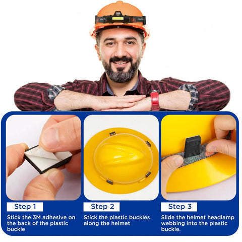 Man demonstrating Hard Hat Headlamp Clips 20 Pack with 3M Adhesive, step-by-step installation on helmet with anti-slip holders.