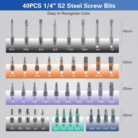 40-piece S2 steel screw bits for 42 In 1 Magnetic Screwdriver Set With Detachable Ratchet Handle, sizes and colors shown.