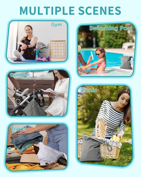 Multiple scenes showing Waterproof Wet Dry Bags Set Of 3 Pack Must Have For Swimsuits Diapers Beach Pool And Gym Gear With Two Pockets.