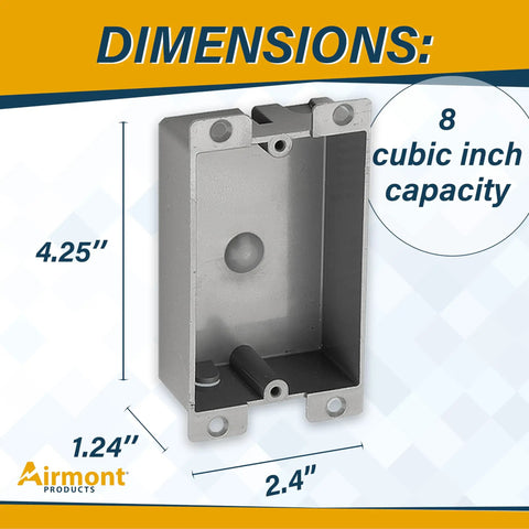 Dimensions of Pack Of 6 Durable Plastic Electrical Boxes For Tight Remodel Jobs Shallow 8 Cu In Grey Single Gang Old Work Junction Box Receptacle And Switch Enclosures PVC Construction ETL Listed shown with measurements 4.25x2.4x1.24 inches.