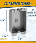 Premium Gray Single Gang Remodel Electrical Box, 8 Cubic Inch Shallow Old Work Junction Enclosure engineered for cramped walls, showing dimensions.