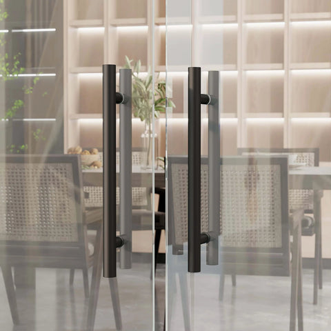 36-Inch Stainless Steel Push Pull Door Handle Black H Shape For Sliding Barn Doors And Commercial Heavy Duty Glass Showers SUS304 With Upgraded Three Pillar Mount displayed on a glass shower door