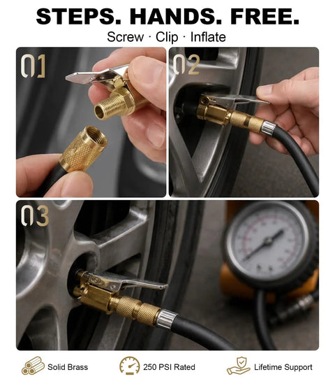 4 Pack Locking Air Chuck Quick Connect With Clip Adapter For Schrader Valves Brass Tire Inflator Adapter attached to tire