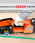 Electric Strapping Kit For 9 To 16Mm Plastic Bands With 4000Mah Battery Powered Automatic Machine Tool in use, showing adjustable tensioning force.