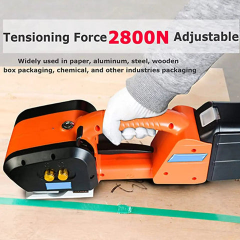 Electric Strapping Kit For 9 To 16Mm Plastic Bands With 4000Mah Battery Powered Automatic Machine Tool in use, showing adjustable tensioning force.