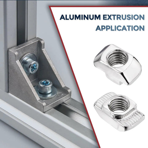 Hella Durable 50 Pack T Slot Nuts Industrial Grade Fabricated For Seamless Aluminum Extrusion 4545 Series Assemblies showing installation with M8 threads.