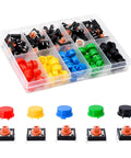 80 Piece Tactile Push Button Switch Kit With 4 Pin Momentary SMD PCB Tact Switches And 5 Color Button Caps in plastic organizer.