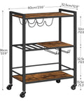 Slick 3 Tier Rolling Bar Cart With Ultra Smooth Swivel Wheels Rustic Brown Finish Includes Double Wine Rack And Stemware Holder Heavy Duty Serving Station with dimensions displayed.