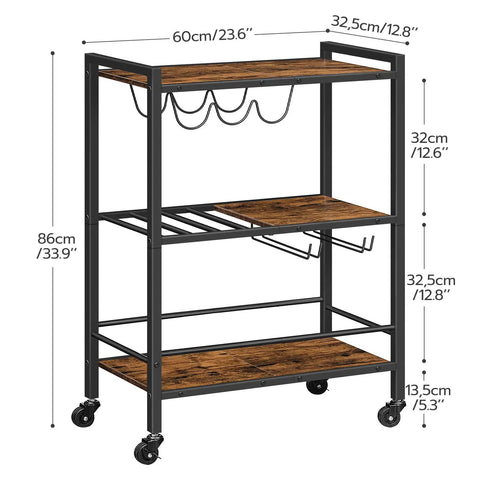 Slick 3 Tier Rolling Bar Cart With Ultra Smooth Swivel Wheels Rustic Brown Finish Includes Double Wine Rack And Stemware Holder Heavy Duty Serving Station with dimensions displayed.