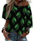 Cool Women Dragon Fire Art Tee With Boat Neck Loose Fit Short Sleeve Breathable Polyester Blend For Daily Wear Soft Skin Friendly Comfort Great For Everyday Outfits, featuring green dragon design.