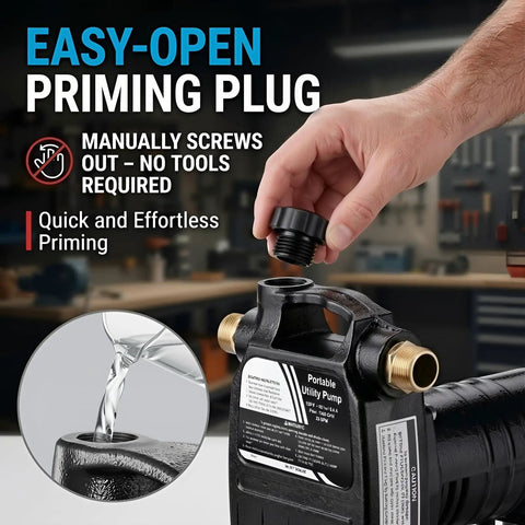 Heavy Duty Cast Iron Water Transfer Pump 115V 1/2HP 1500 GPH Portable Electric Utility Pump with easy-open priming plug for quick setup.