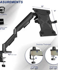 Built Tough Adjustable Laptop Desk Mount For 10 To 15.6 Inch Notebooks with dimensions and specifications for installation.
