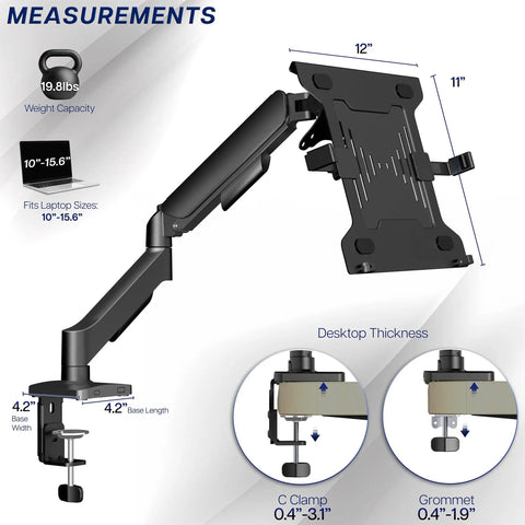 Built Tough Adjustable Laptop Desk Mount For 10 To 15.6 Inch Notebooks with dimensions and specifications for installation.