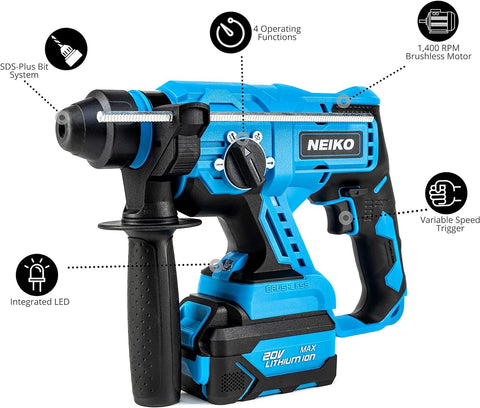 Beast Of A Cordless Rotary Hammer Drill With Brushless Motor SDS Plus 20V Battery And Fast Charger, side view features