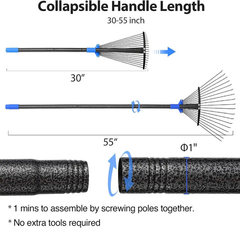 Heavy Duty Adjustable Metal Leaf Rake With Long Handle And Expandable Head From 8 To 17 Inches showing collapsible features
