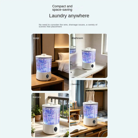 Slick Portable Mini Washing Machine For Underwear And Socks Featuring Three Gentle Wash Programs in various settings like hotel and dorm.