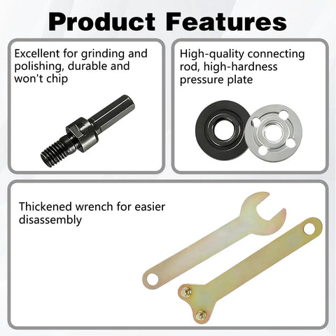 Drill To Angle Grinder Conversion Kit With Connecting Rod Set 2 Pack Attachments Includes Wrench Flange Nuts Spanner And 10mm Arbor Adapter For Quick Home Workshop Projects showing features and tools.