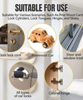 Ultra Fine Graphite Powder Lubricant For Locks Hinges And Window Tracks 3000 Mesh Penetrates Metal Gaps Reduces Friction Builds A Slick Protective Layer Safe For Pine Wood Surfaces, suitable for various applications shown including door locks, pinewood car, window tracks, car locks, and cabinet hinges.