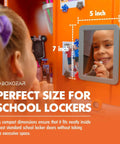 Child using Magnetic Locker Mirror Grab And Go 5 By 7 Inches Portable Gray for School Lockers on metal locker door.