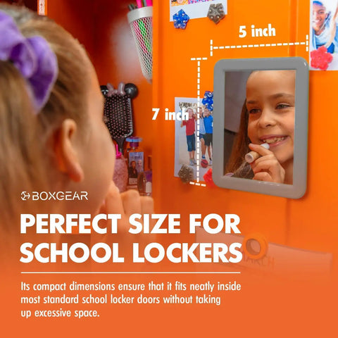 Child using Magnetic Locker Mirror Grab And Go 5 By 7 Inches Portable Gray for School Lockers on metal locker door.