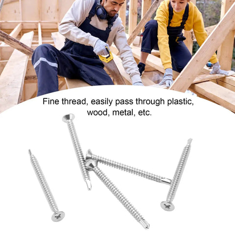 Non Slip Countersunk Screw Set 304 Stainless Steel Drill Screws For Wood Metal Plastic Fine Thread 50mm Length M4 18 100 Pack Heavy Duty All Purpose Fasteners With Secure Seating For Overhead Jobs displayed in a construction scene.