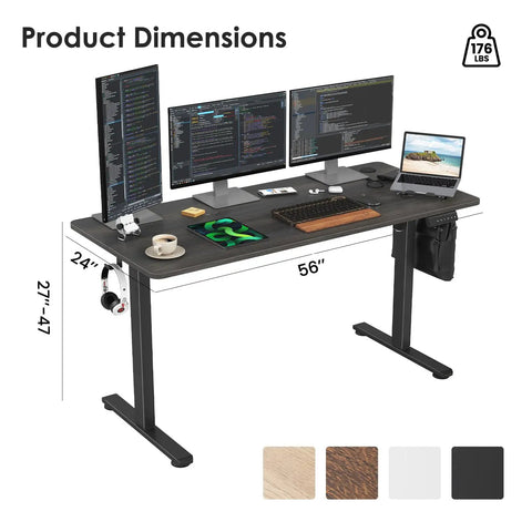 Solid Electric Adjustable Standing Desk With 40x24 Inch Tabletop, Folding Corner Office Table, dimensions with dual monitors and accessories.