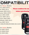 Image showing compatibility list for Keyless Entry Remote Key Fob Replacement Plug And Play Fits Nissan and Infiniti models