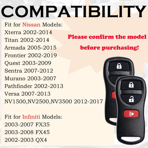 Image showing compatibility list for Keyless Entry Remote Key Fob Replacement Plug And Play Fits Nissan and Infiniti models